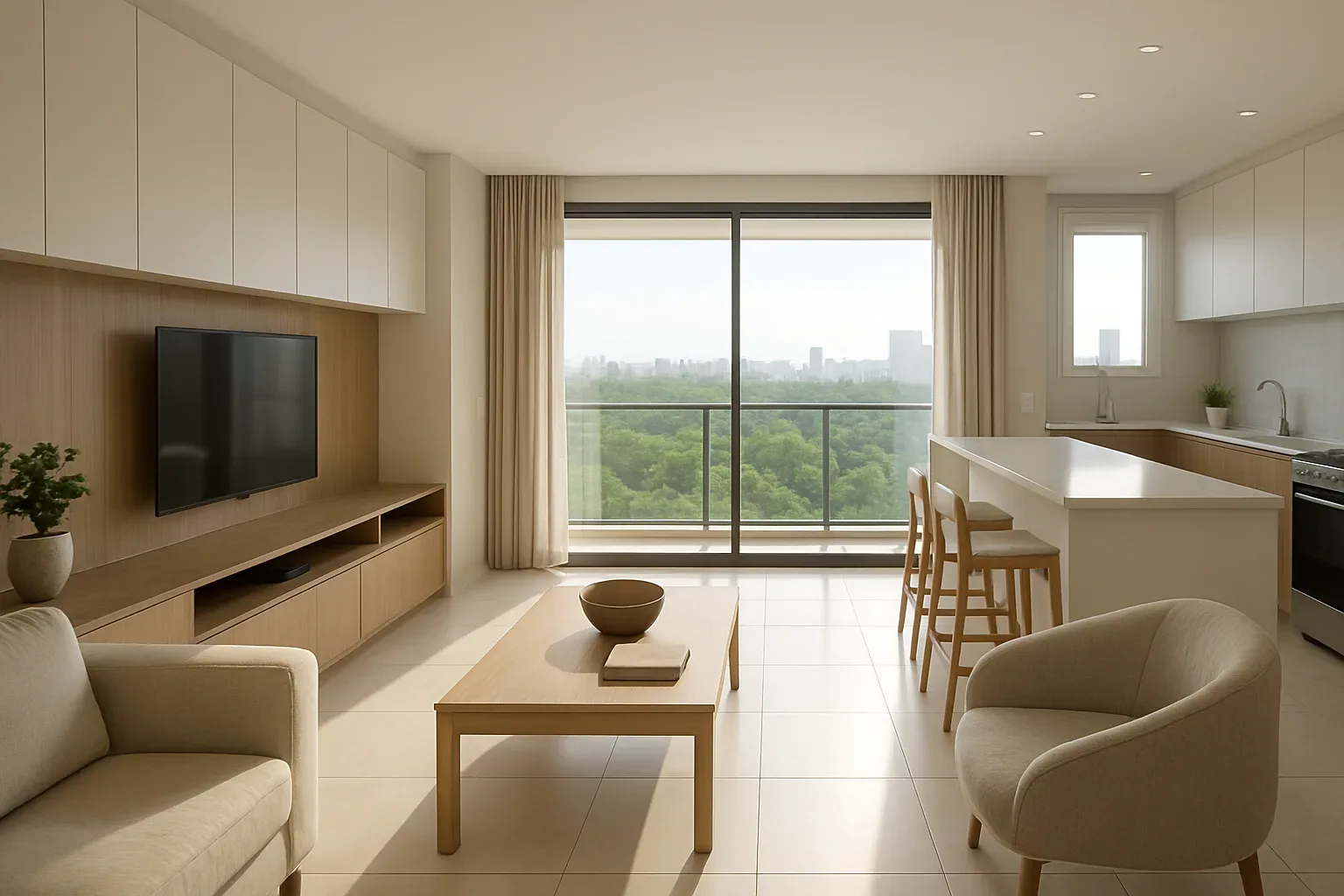 Sala com cozinha americana de apartamento no Cocó