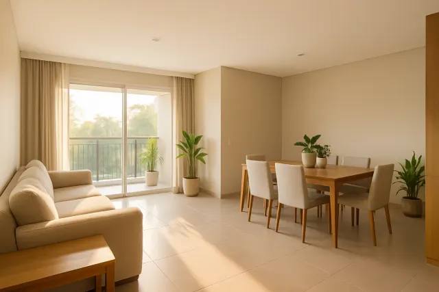 Sala de estar e jantar com varanda