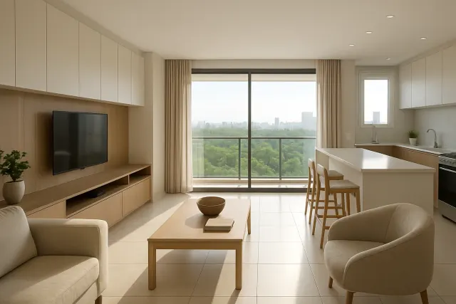 Sala com cozinha americana e vista para o verde